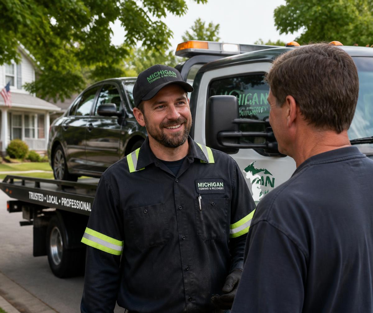 Charlie Towing operator helping a customer beside a flatbed tow truck in Westland, Michigan