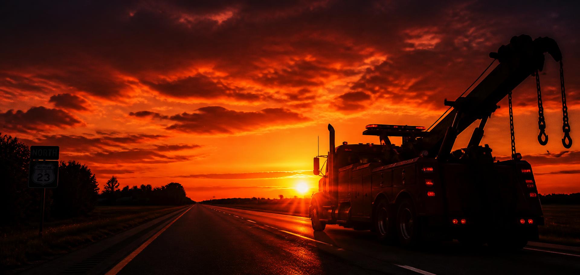 Tow truck silhouetted against a Michigan sunset on an empty highway